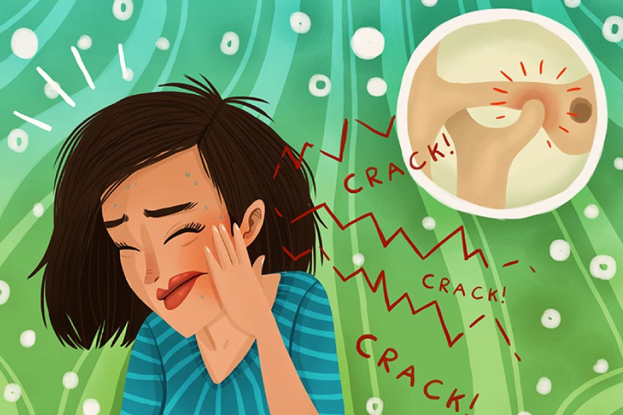 Cartoon of a girl suffering from TMJ disorder with her had on her painful jaw