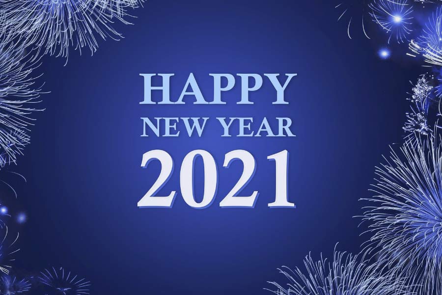 Happy New Year 2021 on a blue background with fireworks around the edge.