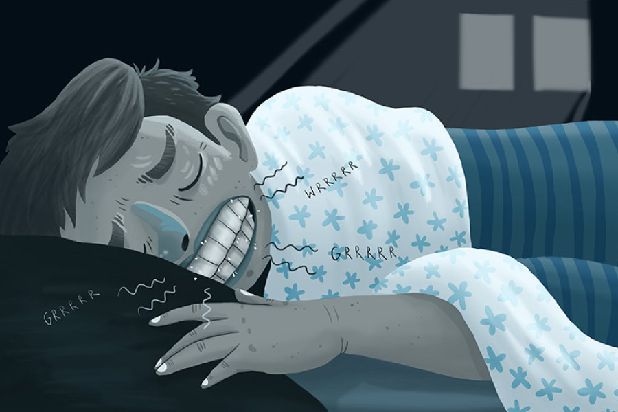 Cartoon of a young man grinding his teeth while sleeping.