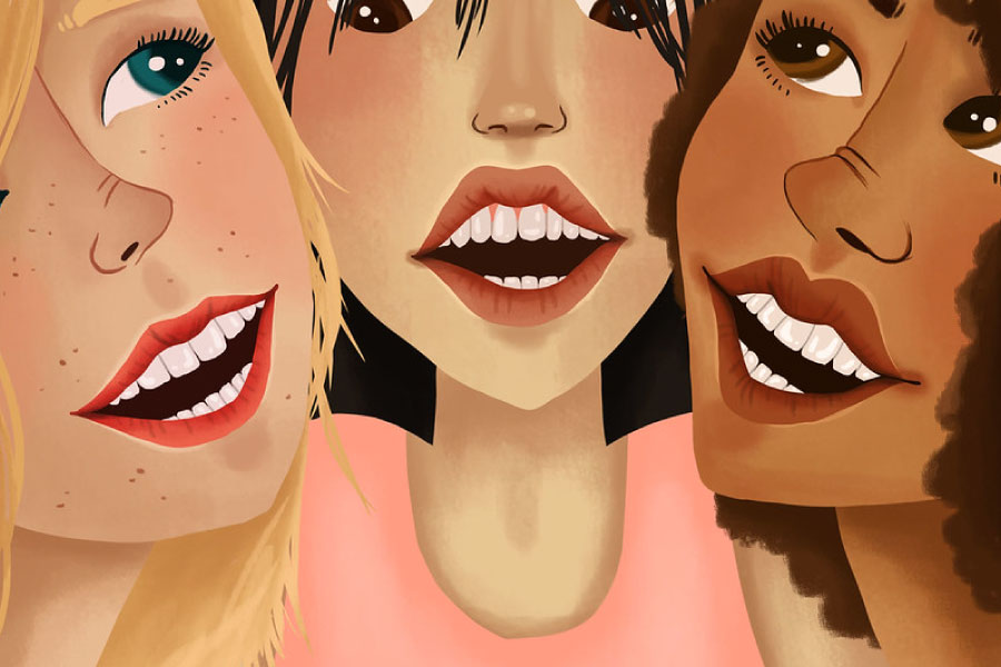 Cartoon of three women with white smiles and veneers
