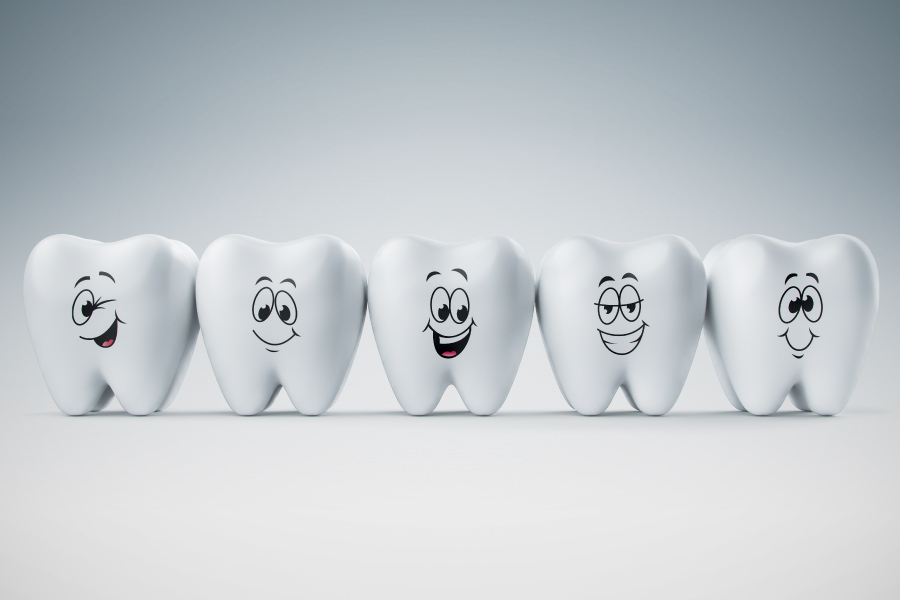 A row of five cartoon teeth with different expressions.
