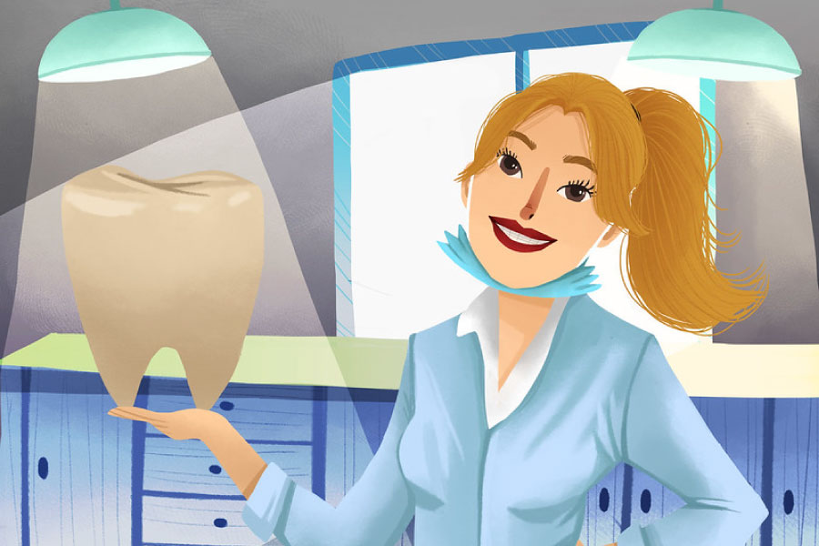 Cartoon of a smiling dentist holding an oversized tooth.