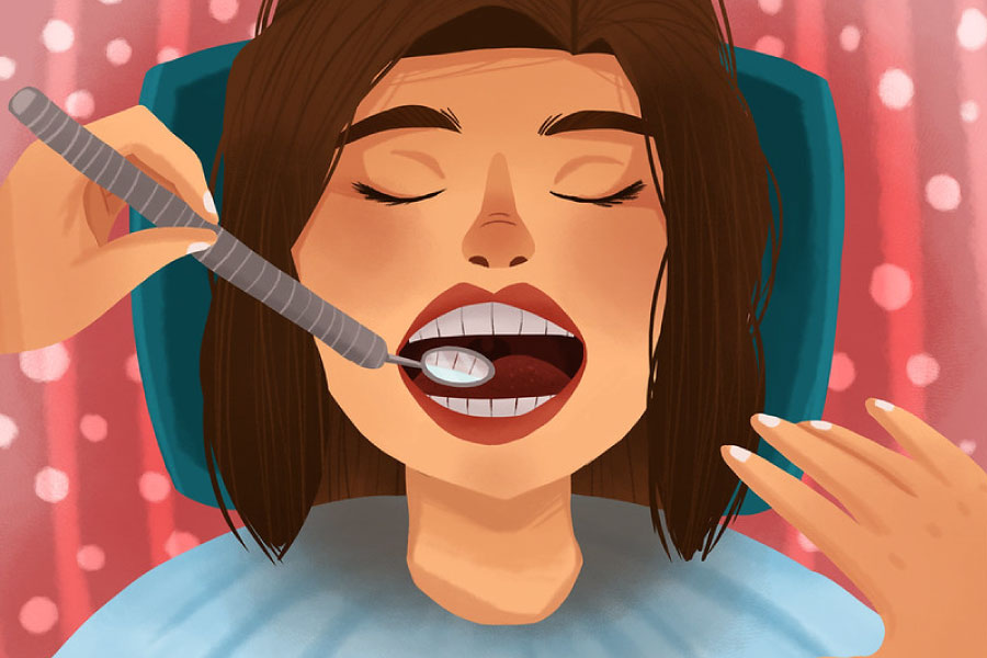 Cartoon of a woman in the dental chair getting a check up.