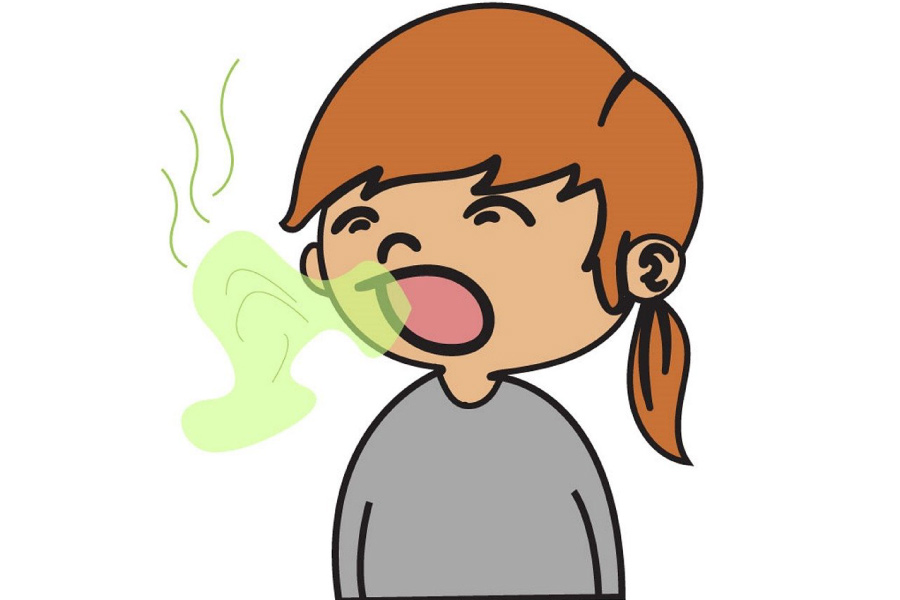 Cartoon girl with bad breath represents by a green cloud.