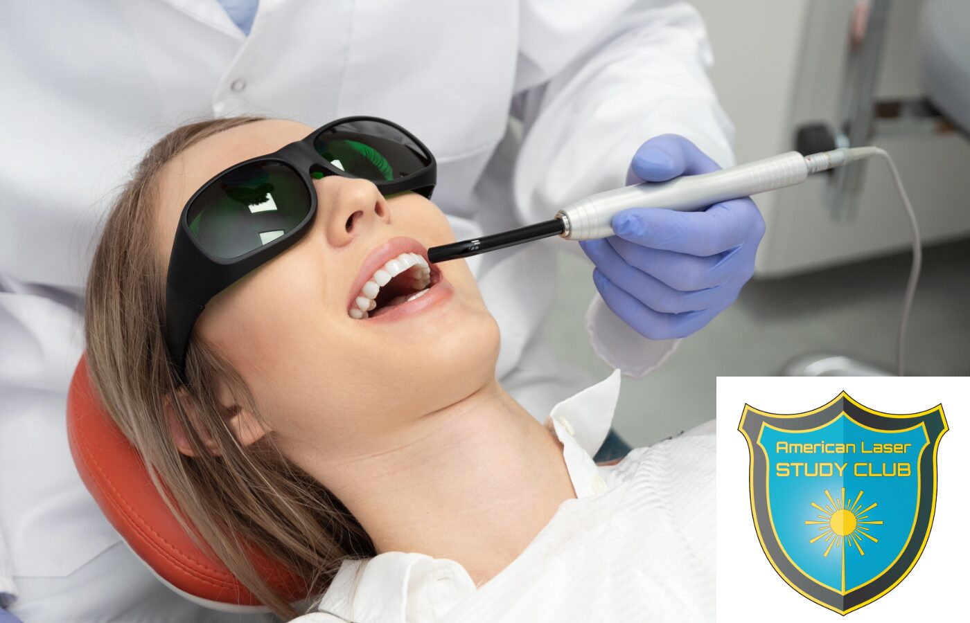 Dental Laser treatment in a woman with dark glasses on. The American Laser Study CLub logo is in the bottom right corner.