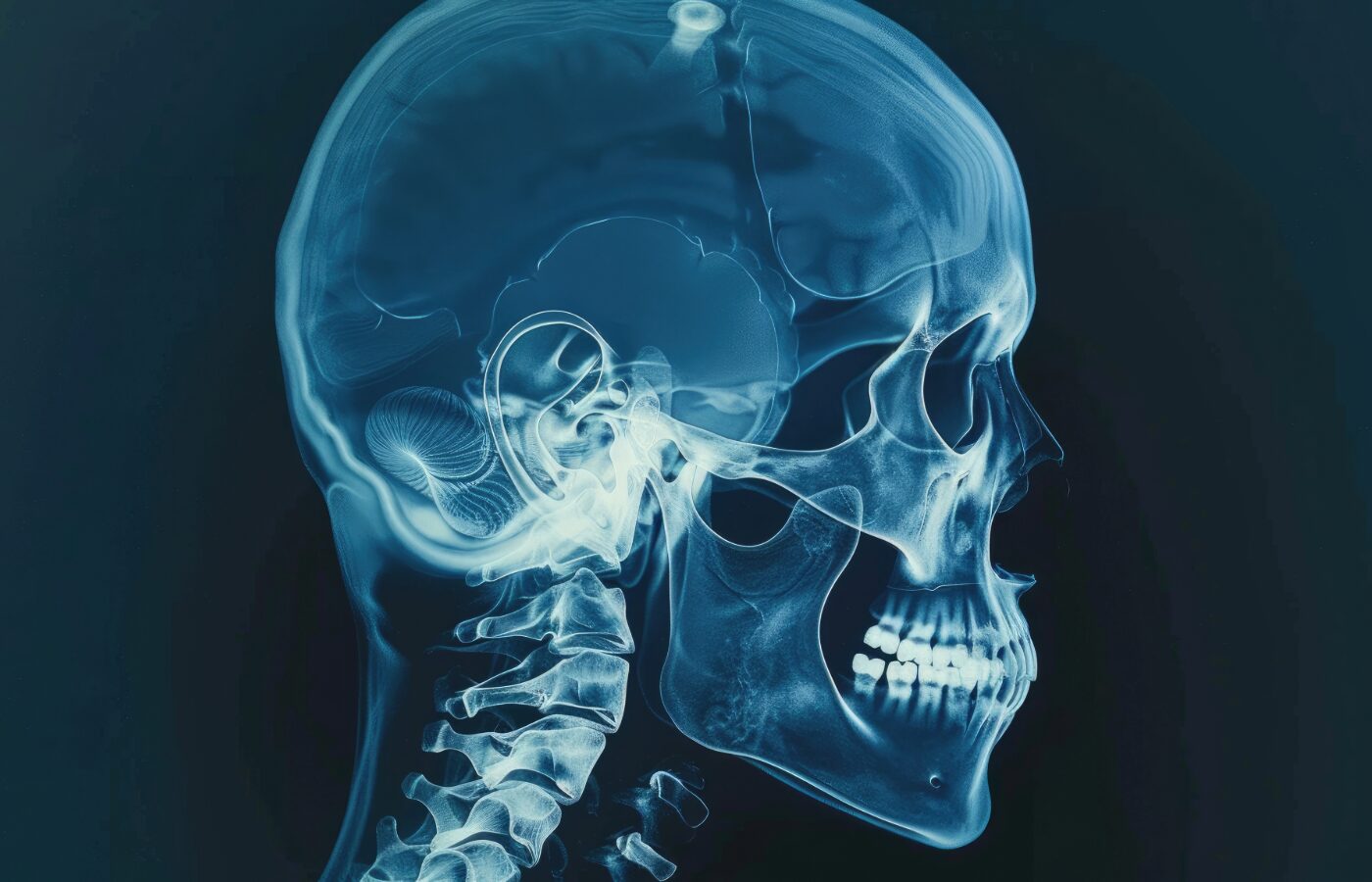 xray looking image of the head and neck with spine and jaw and skull showing