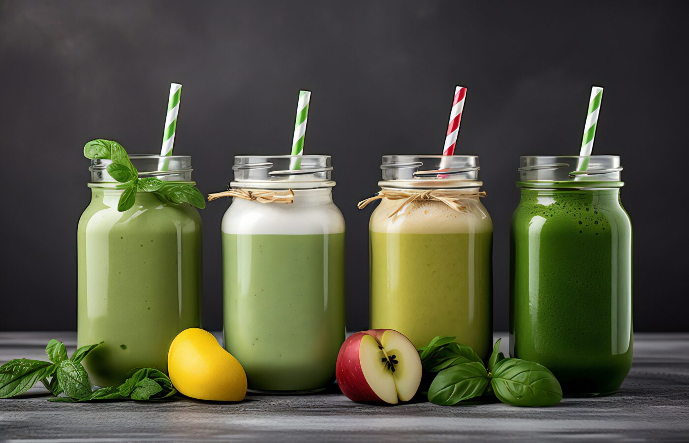 4 jars of green smoothies with leaves and fruits pieces below them on a gray background