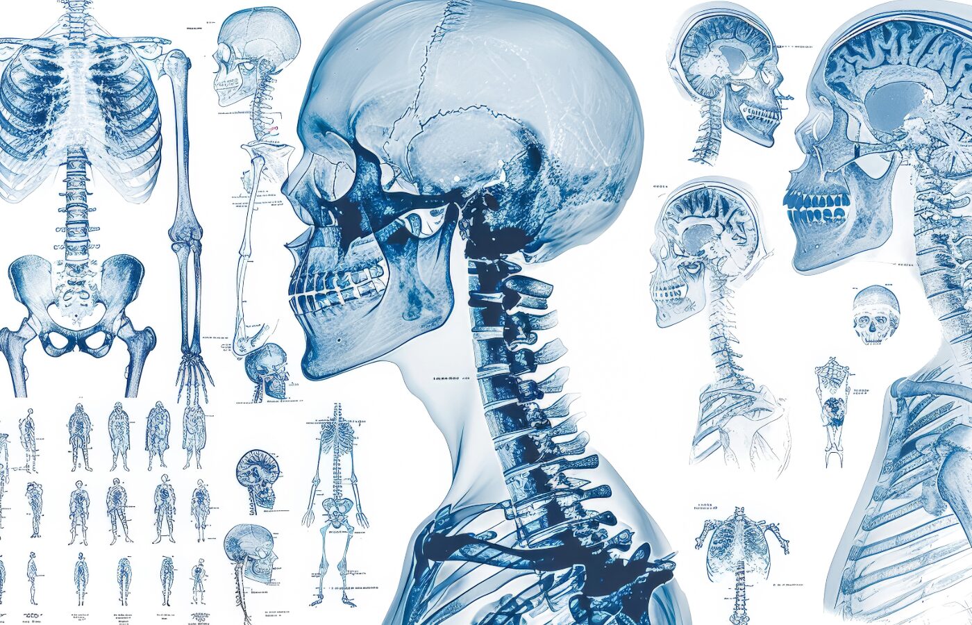 xray images of the entire skeleton, differing views across the image all in blue on white background