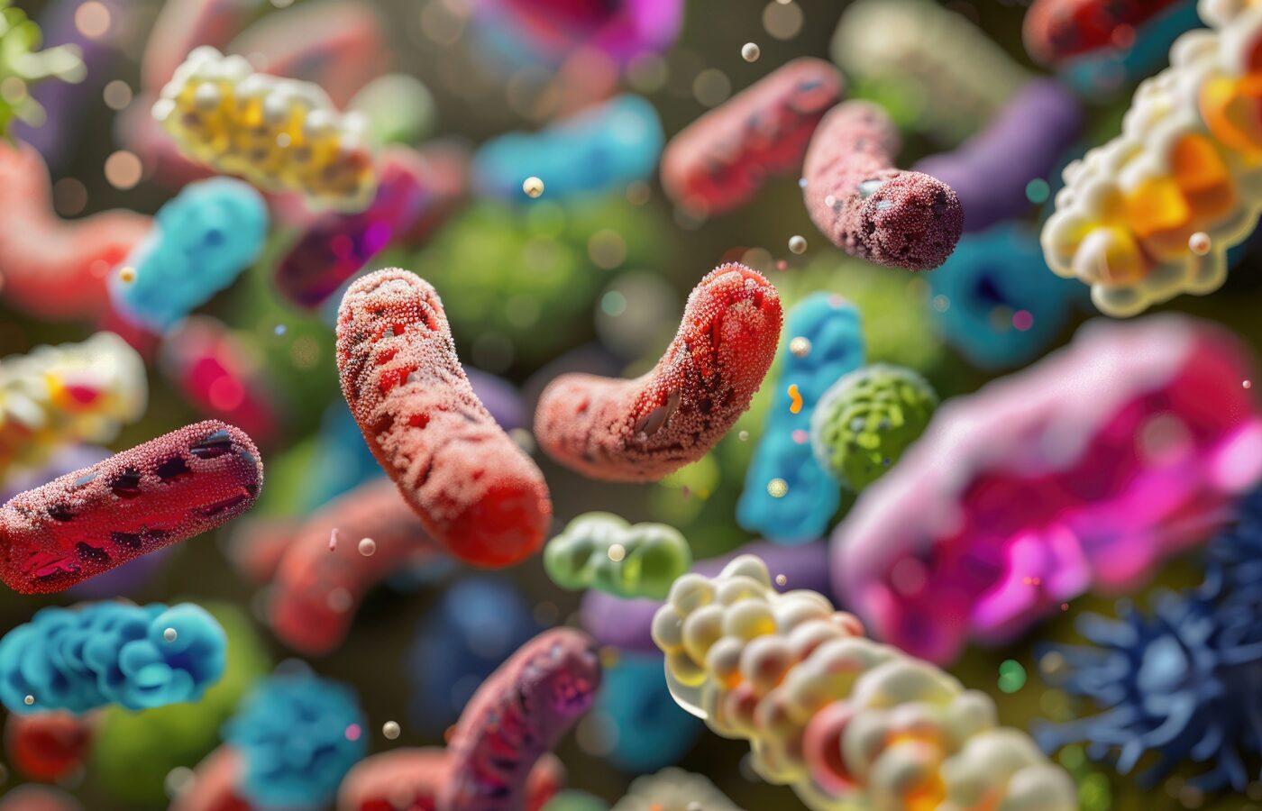 illustration close up of bacteria, bright color tubes scattered around the page with lots of sprinkles of color in between