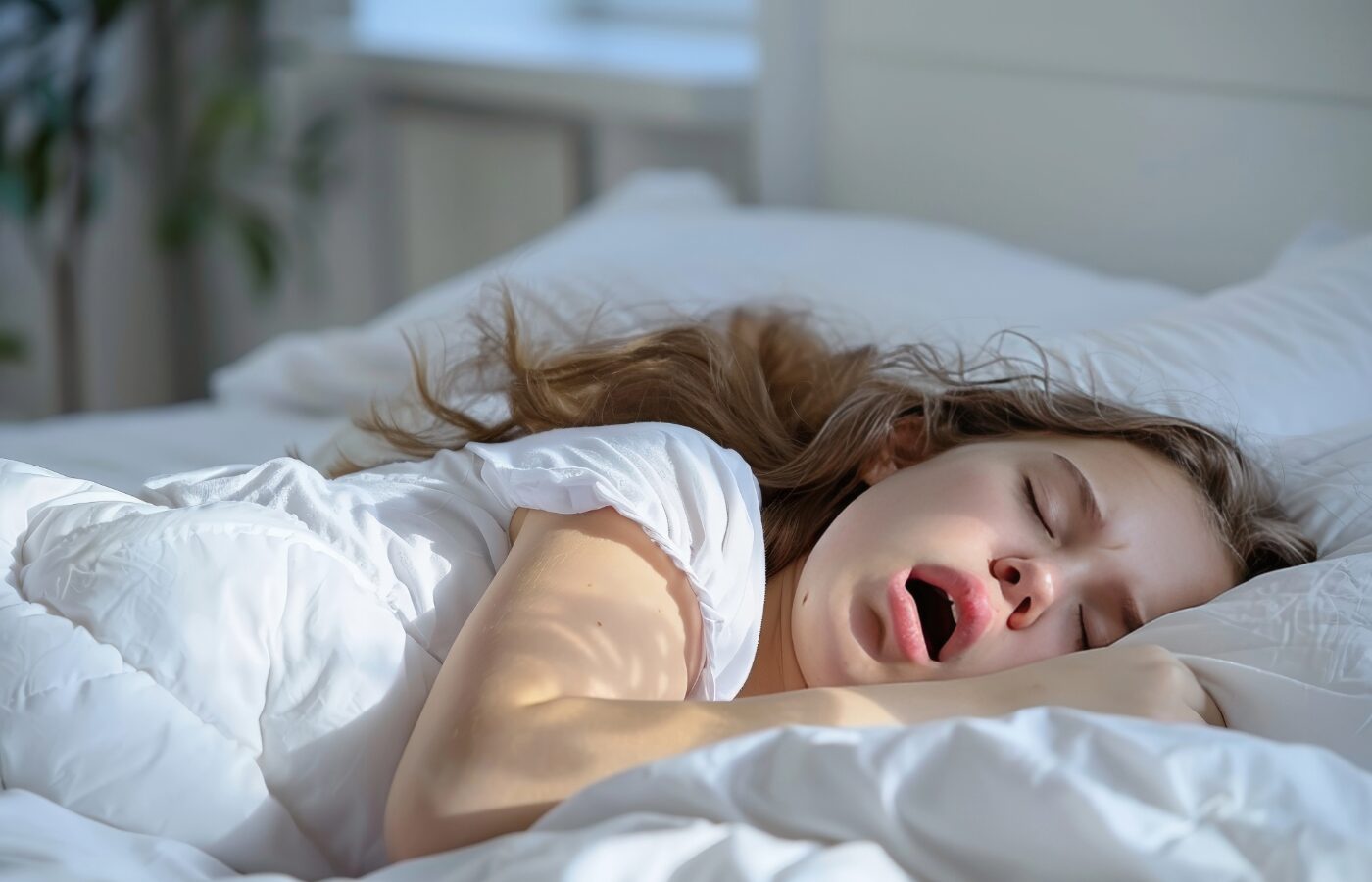 girl asleep on her side in a bed of white sheets with her mouth wide open and mouth breathing