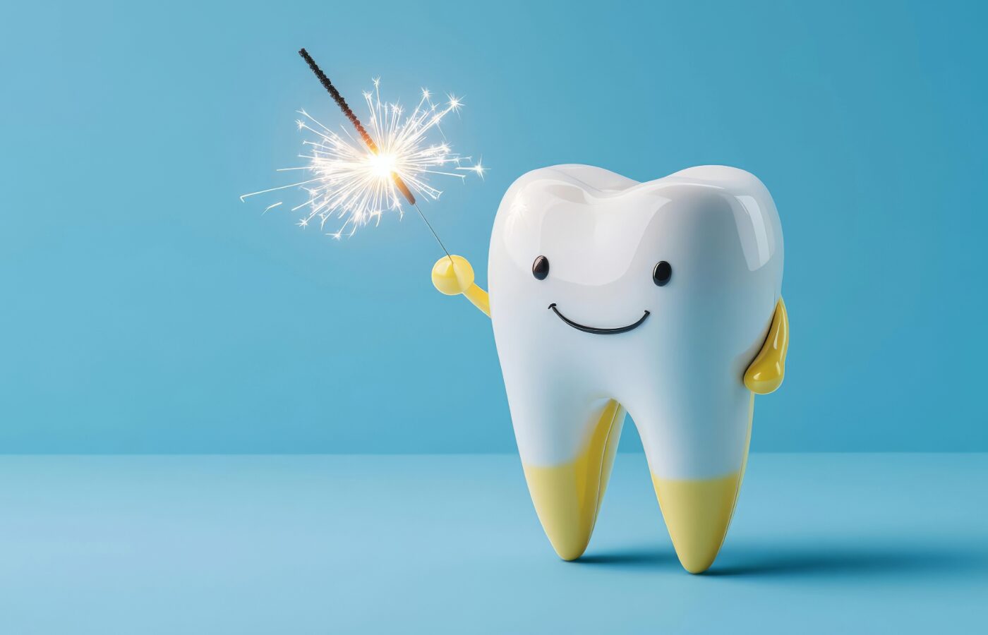 Blue background with Glass tooth character with yellow on bottom of tooth and holding a sparkler and smiling