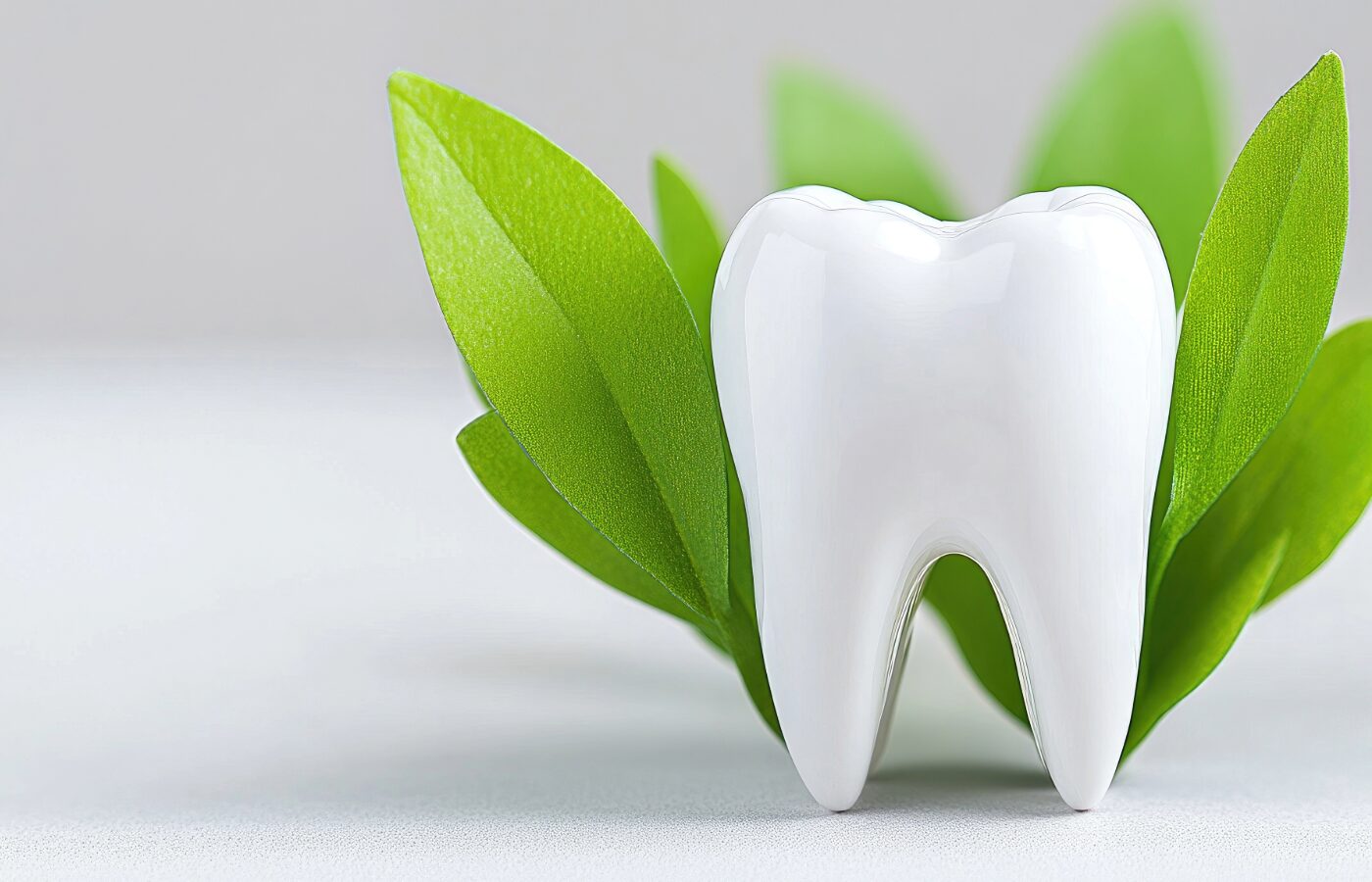 white background with tooth illustration on top of green leaves