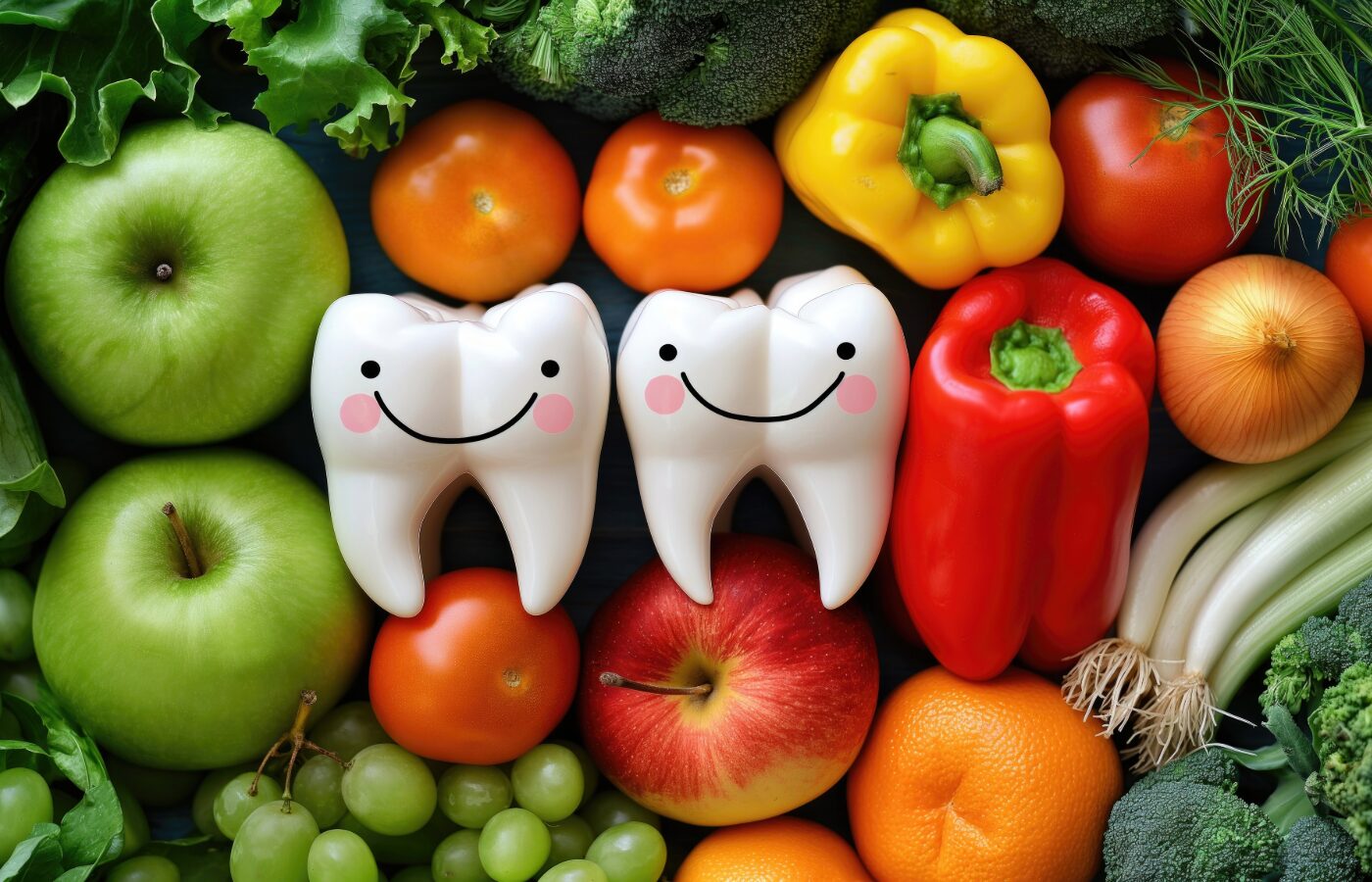 image off tightly packed colorful veggies around 2 white enamel teeth with smiley faces drawn on in black and pink circles for cheeks