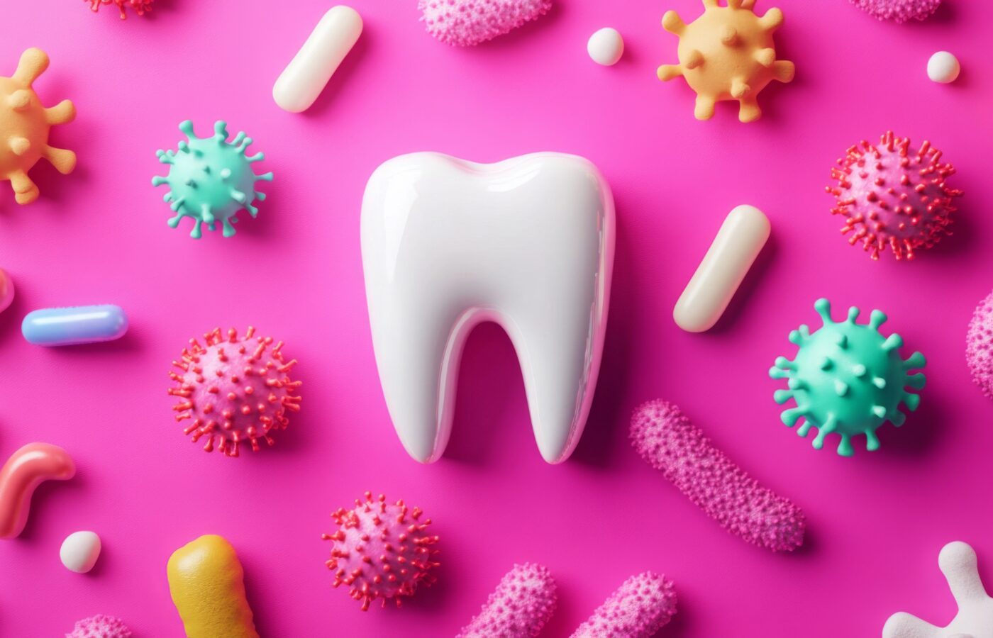 bright pink background with white tooth and microbiome illustrations surrounding it in a grid