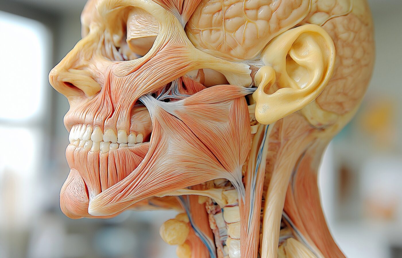 illustration of male head looking left with all facial muscles exposed